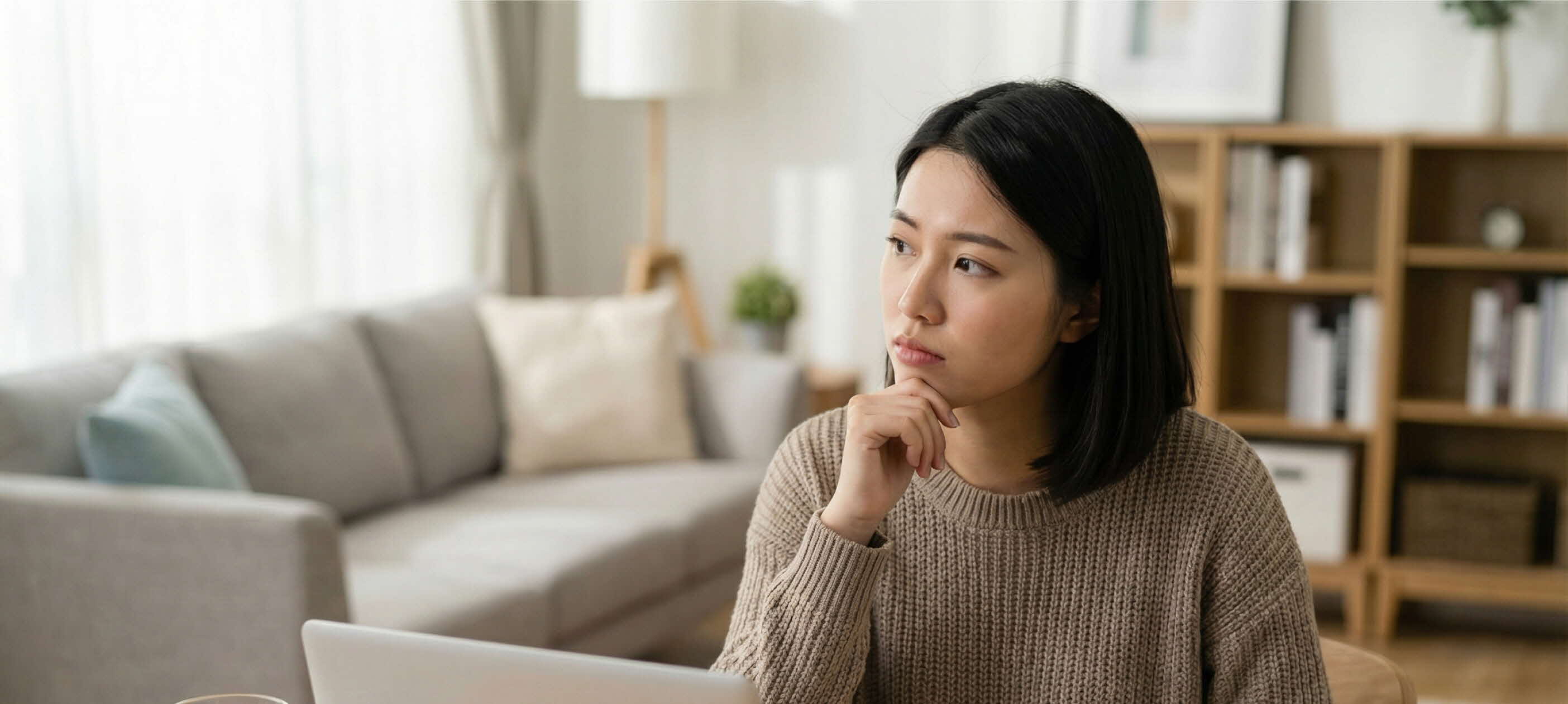 女子在家使用筆記型電和計算機規劃個人壽險與財務安排